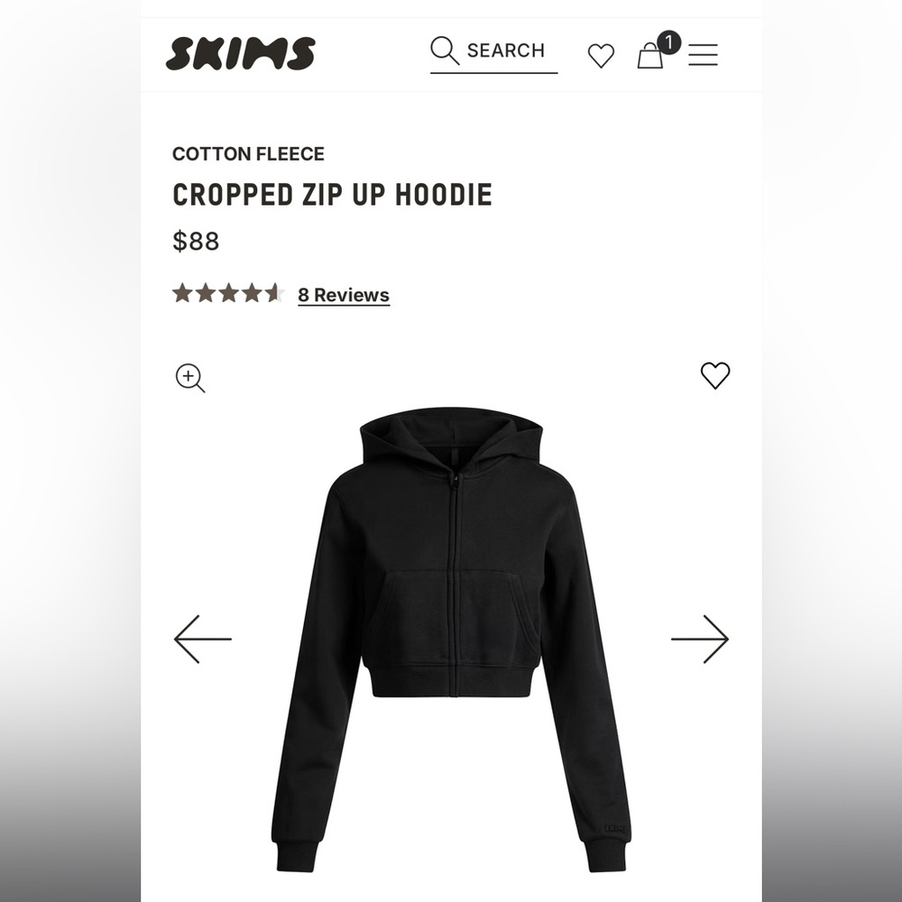 SKIMS- Cotton Fleece Cropped Zip Up Hoodie